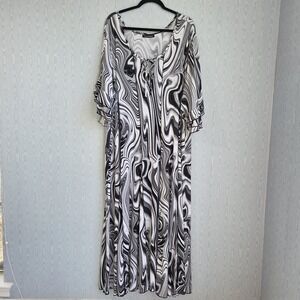 Ashley Stewart Womens 3X Liquid Knit Maxi Dress Ruffle Black White Psychedelic
